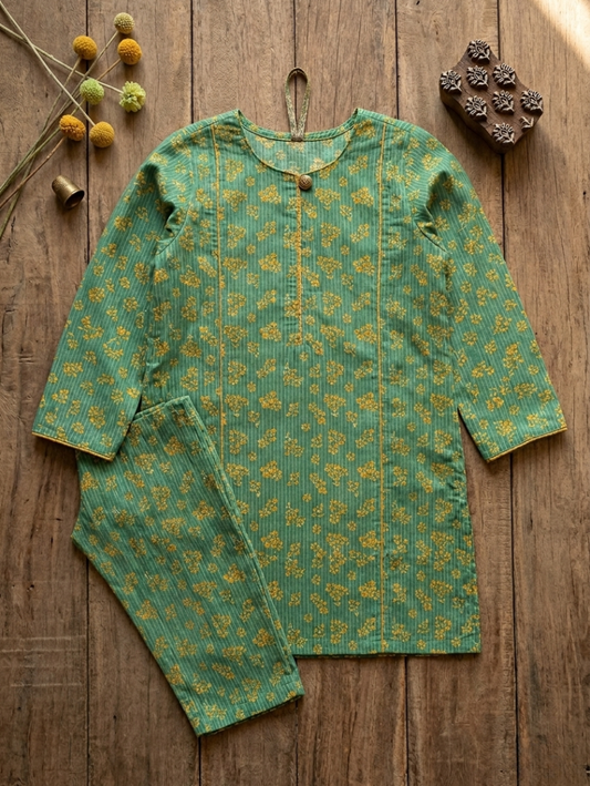 Emerald Green Striped Floral Co-ord Set – 2-Piece Ethnic Tunic & Trousers