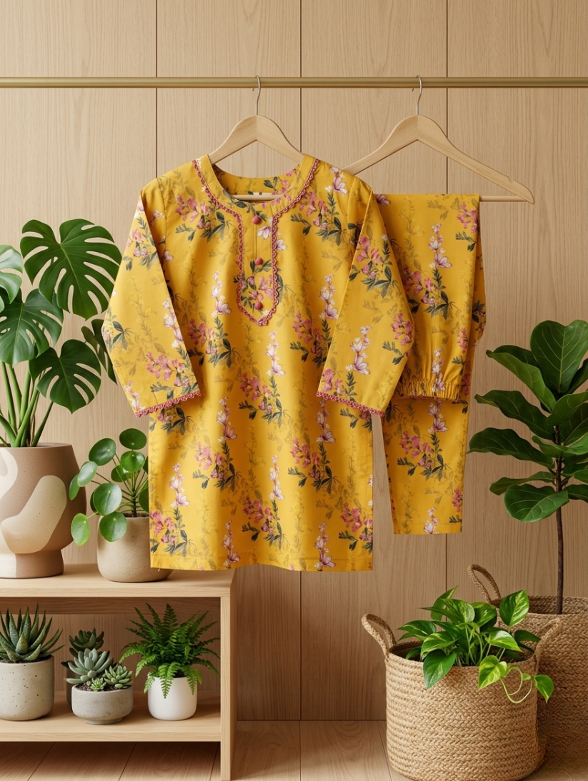Mustard Yellow Floral Print Co-ord Set – 2-Piece Ethnic Tunic & Trousers