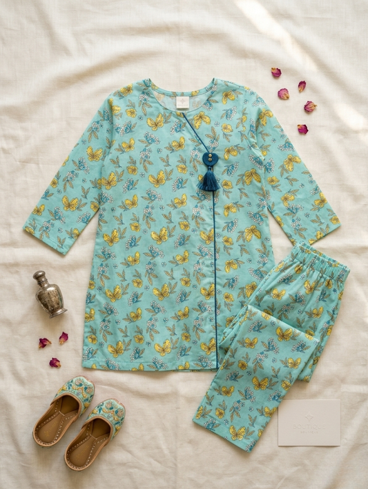 Sky Blue Floral Bloom Co-ord Set – 2-Piece Ethnic Tunic & Trousers