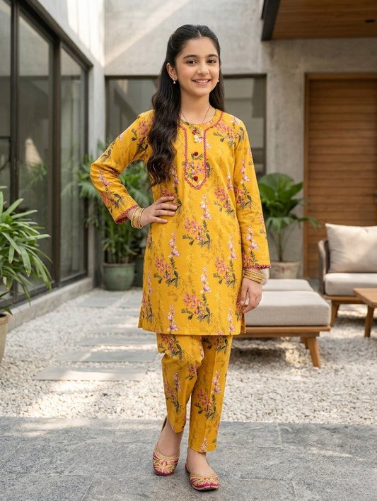 Mustard Yellow Floral Print Co-ord Set – 2-Piece Ethnic Tunic & Trousers