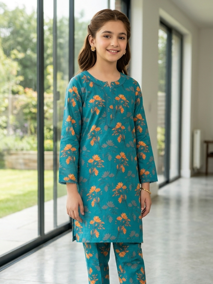 Teal Garden Floral Co-ord Set – 2-Piece Ethnic Tunic & Trousers
