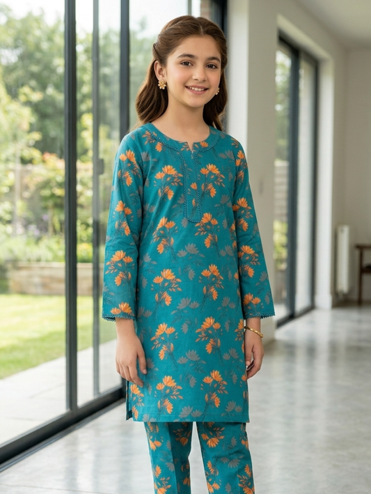 Teal Garden Floral Co-ord Set – 2-Piece Ethnic Tunic & Trousers