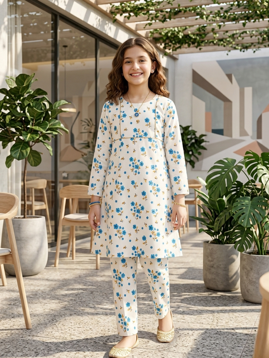 Serene White & Blue Floral Co-ord Set – 2-Piece Ethnic Tunic & Trousers