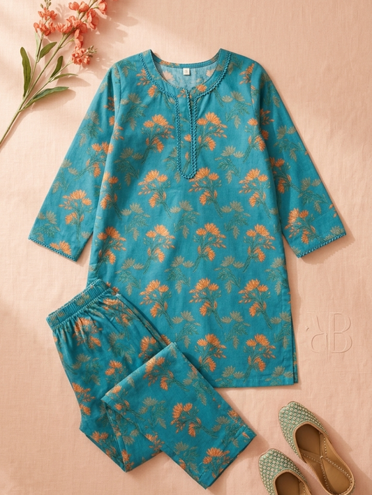 Teal Garden Floral Co-ord Set – 2-Piece Ethnic Tunic & Trousers