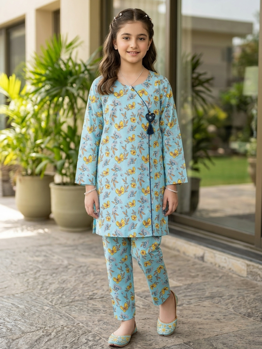 Sky Blue Floral Bloom Co-ord Set – 2-Piece Ethnic Tunic & Trousers