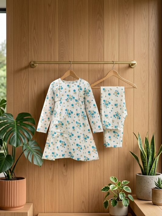 Serene White & Blue Floral Co-ord Set – 2-Piece Ethnic Tunic & Trousers