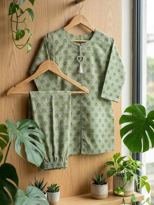 Sage Green Geometric Floral Co-ord Set – 2-Piece Ethnic Tunic & Trousers