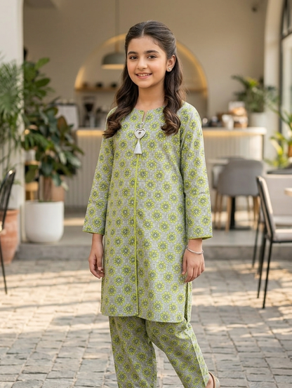 Sage Green Geometric Floral Co-ord Set – 2-Piece Ethnic Tunic & Trousers